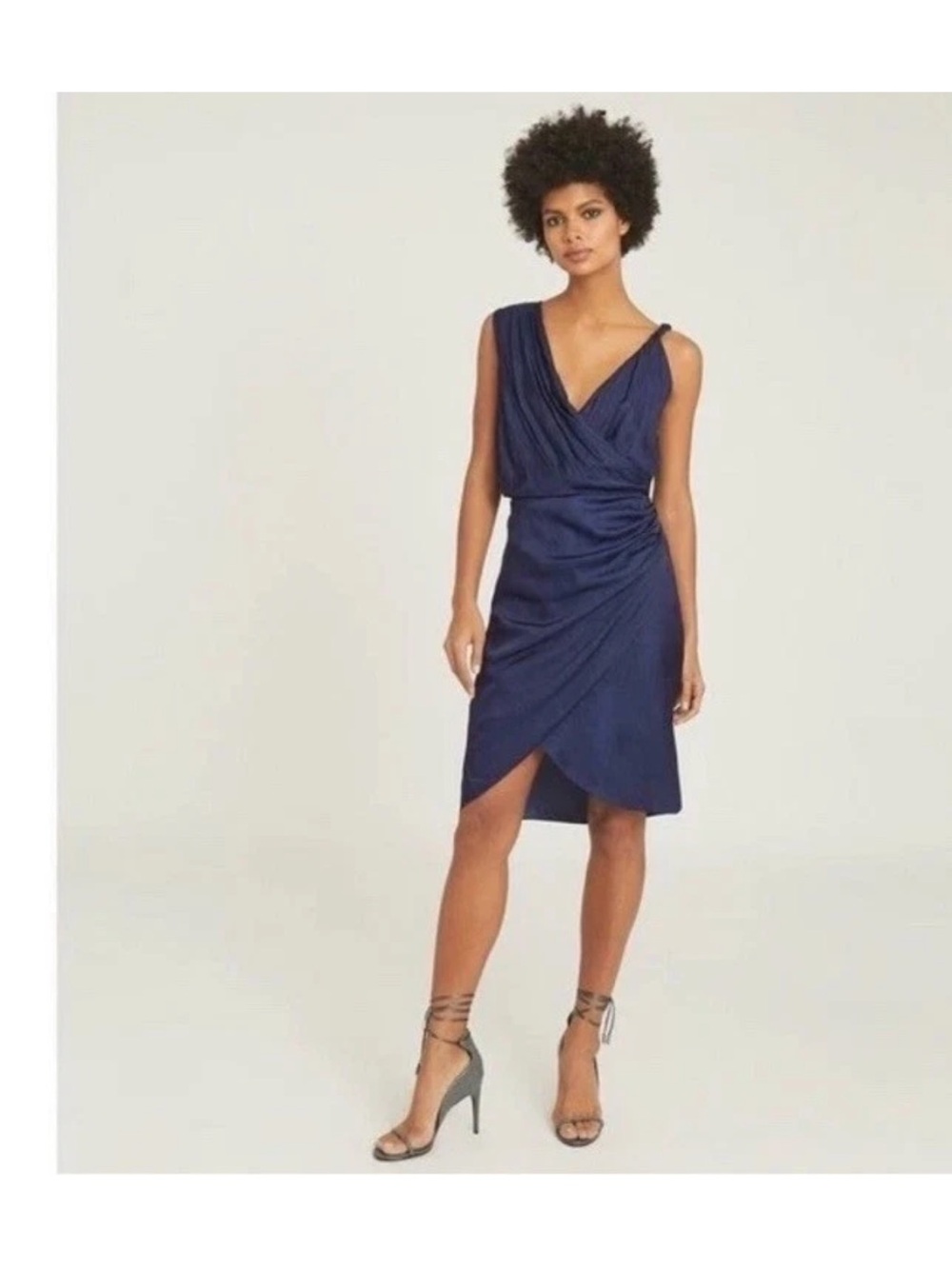 NWT $345 Reiss Zaria Drape Satin Dress Blue UK 10/US 6 Twist Shoulder V